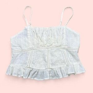 White Moon Orchid lace cream crop top adjustable straps w/ ruffles 100% cotton
